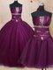 Free and Easy Three Piece Dark Purple Ball Gowns Tulle Strapless Sleeveless Beading Floor Length Lace Up 15th Birthday Dress