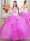 New Arrival Fuchsia Ball Gowns Beading and Appliques and Embroidery Quinceanera Gowns Lace Up Tulle Sleeveless Floor Length