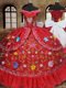 Vintage Off the Shoulder Red Organza and Taffeta Lace Up 15th Birthday Dress Sleeveless Floor Length Embroidery and Bowknot