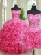 Three Piece Sleeveless Organza Floor Length Lace Up Vestidos de Quinceanera in Hot Pink with Beading and Ruffles