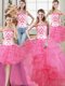 Sexy Four Piece Hot Pink Strapless Lace Up Beading and Appliques and Ruffles Quinceanera Dress Sleeveless