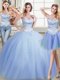 Three Piece Light Blue Ball Gowns Tulle Sweetheart Sleeveless Beading Floor Length Lace Up Sweet 16 Dress