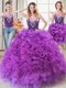 Noble Three Piece Eggplant Purple Sweetheart Lace Up Beading and Ruffles Ball Gown Prom Dress Sleeveless