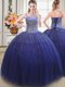 Most Popular Royal Blue Ball Gowns Sweetheart Sleeveless Tulle Floor Length Lace Up Beading Quinceanera Dresses