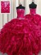 Customized Fuchsia Lace Up Strapless Beading and Ruffles Ball Gown Prom Dress Organza Sleeveless