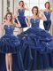 Top Selling Four Piece Navy Blue Organza Lace Up Vestidos de Quinceanera Sleeveless Floor Length Appliques