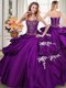 Colorful Floor Length Purple Ball Gown Prom Dress Taffeta Sleeveless Beading and Appliques and Pick Ups
