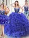 Glamorous Three Piece Royal Blue Organza Lace Up 15th Birthday Dress Sleeveless Floor Length Beading and Ruffles