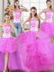 Four Piece Fuchsia Tulle Lace Up Strapless Sleeveless Floor Length Quinceanera Dresses Beading and Appliques and Ruffles