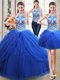 Three Piece Halter Top Floor Length Royal Blue Sweet 16 Dress Tulle Sleeveless Beading and Pick Ups