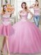 Three Piece Beading Quinceanera Dress Rose Pink Lace Up Sleeveless Floor Length