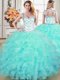 Hot Sale Aqua Blue Ball Gowns Straps Sleeveless Organza Floor Length Lace Up Beading and Lace and Ruffles Sweet 16 Quinceanera Dress