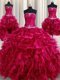 Custom Made Four Piece Sleeveless Organza Floor Length Lace Up Sweet 16 Dress in Burgundy with Beading and Ruffles