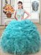 Dazzling Scoop Floor Length Ball Gowns Sleeveless Aqua Blue Quinceanera Dress Lace Up