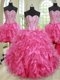 Elegant Four Piece Hot Pink Ball Gowns Beading and Ruffles Sweet 16 Dress Lace Up Organza Sleeveless Floor Length