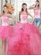 Lovely Three Piece Hot Pink Lace Up Strapless Beading and Appliques and Ruffles 15th Birthday Dress Tulle Sleeveless