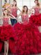 Four Piece Beading and Ruffles Quince Ball Gowns Red Lace Up Sleeveless Brush Train