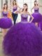 Four Piece Eggplant Purple Ball Gowns Sweetheart Sleeveless Tulle Floor Length Lace Up Beading and Ruffles 15 Quinceanera Dress