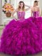Beading and Ruffles Quince Ball Gowns Fuchsia Lace Up Sleeveless Brush Train