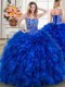 Charming Royal Blue Lace Up Quinceanera Dress Beading and Ruffles Sleeveless With Brush Train