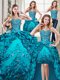 Four Piece Floor Length Lace Up Sweet 16 Dresses Teal for Military Ball and Sweet 16 and Quinceanera with Beading and Embroidery and Pick Ups
