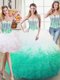 Best Selling Three Piece Sleeveless Organza Floor Length Lace Up Quinceanera Dresses in White and Green with Beading and Ruffles