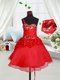 One Shoulder Sequins and Hand Made Flower Flower Girl Dresses Red Lace Up Sleeveless Mini Length