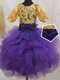 Eggplant Purple and Gold Flower Girl Dresses for Less Quinceanera and Wedding Party and For with Lace and Ruffles and Bowknot Scoop Short Sleeves Zipper