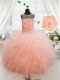 Scoop Sleeveless Tulle Floor Length Zipper Kids Formal Wear in Peach with Beading and Lace and Ruffles