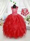 Red Lace Up Halter Top Beading and Ruffles Toddler Flower Girl Dress Organza Sleeveless