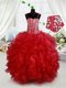 Suitable Spaghetti Straps Sleeveless Girls Pageant Dresses Floor Length Beading and Ruffles Red Organza