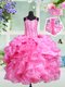 Traditional Straps Rose Pink Ball Gowns Beading and Ruffles and Pick Ups Girls Pageant Dresses Lace Up Organza Sleeveless Floor Length