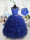 Halter Top Sleeveless Pageant Gowns For Girls Floor Length Beading and Ruffled Layers Royal Blue Organza