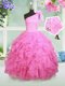 Fashionable One Shoulder Floor Length Rose Pink Child Pageant Dress Organza Sleeveless Beading and Ruffles and Hand Made Flower
