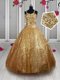 Sequins Floor Length Gold Kids Formal Wear Straps Sleeveless Lace Up