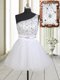 White Zipper One Shoulder Beading Prom Dresses Tulle Sleeveless