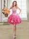 Sleeveless Mini Length Beading and Ruffles and Sequins Lace Up Dress for Prom with Hot Pink