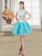 See Through Organza Scoop Sleeveless Zipper Beading Prom Gown in Aqua Blue