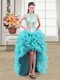 See Through Aqua Blue Ball Gowns Scoop Sleeveless Organza High Low Zipper Beading Evening Dress