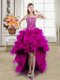 Glorious Beading Prom Evening Gown Fuchsia Lace Up Sleeveless High Low