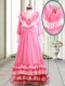 Customized Pink Dress for Prom Prom and For with Beading and Lace and Ruffled Layers V-neck Long Sleeves Brush Train Zipper Customized Pink Dress for Prom Prom and For with Beading and Lace and Ruffled Layers V-neck Long Sleeves Brush Train Zipper