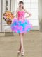 Dynamic Sweetheart Sleeveless Prom Gown Mini Length Beading and Ruffles Multi-color Organza and Tulle