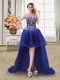Customized High Low Royal Blue Prom Gown Tulle Sleeveless Beading and Sequins