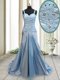 Light Blue Criss Cross Straps Beading Prom Dresses Elastic Woven Satin Sleeveless Sweep Train