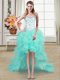 Captivating Aqua Blue Organza Lace Up Straps Sleeveless High Low Prom Evening Gown Beading and Ruffles