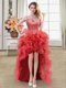 Straps Coral Red Sleeveless High Low Beading and Ruffles Lace Up Prom Dresses