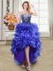 High Low Blue Prom Party Dress Organza Sleeveless Ruffles