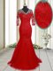 Affordable Mermaid Red Half Sleeves Tulle Brush Train Clasp Handle Prom Dresses for Prom and Party