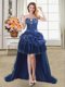 Sleeveless High Low Beading and Appliques and Pick Ups Lace Up Prom Party Dress with Navy Blue