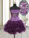 Elegant Dark Purple Organza Lace Up Prom Party Dress Sleeveless Mini Length Beading and Ruffles